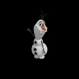 May include: A smiling snowman character with a carrot nose, twig arms, and three black buttons on its body. The snowman has a white body and a black background.