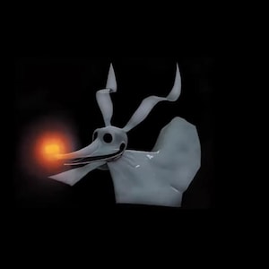 May include: A stylized illustration of Zero, the ghost dog from The Nightmare Before Christmas, against a black background. Zero is white with a long nose and floppy ears, and he has a glowing orange nose. The image is a digital rendering.