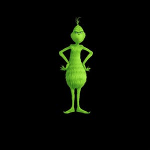 Puede incluir: Imagen de cuerpo entero del Grinch, una criatura verde y peluda con expresión de enfado. Está de pie con las manos en las caderas sobre un fondo negro. El Grinch tiene un pequeño mechón de pelo en la cabeza y es un personaje popular.