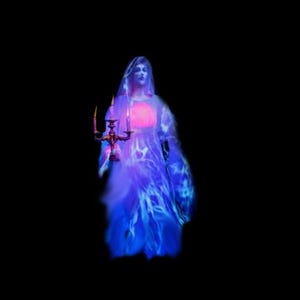 May include: A spectral figure in a flowing gown, illuminated with blue and purple hues, against a black background. The figure holds a candelabra with lit candles. The image evokes a ghostly or ethereal theme.