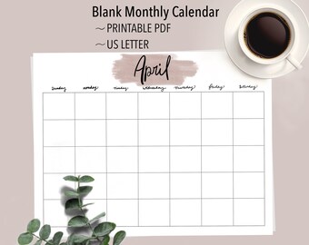 May include: A printable blank monthly calendar for April in US Letter size. The calendar has a watercolour-style background with the month name written in cursive.