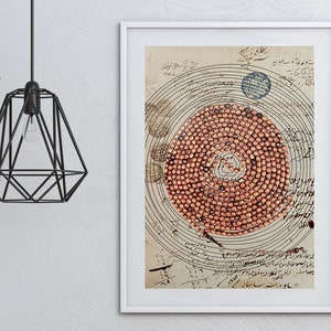 Può includere: Una stampa incorniciata di un'illustrazione vintage di un modello geocentrico del sistema solare. L'illustrazione è in bianco e nero con testo scritto a mano in arabo. L'illustrazione mostra la Terra al centro del sistema solare con il Sole, la Luna e gli altri pianeti che le orbitano attorno.