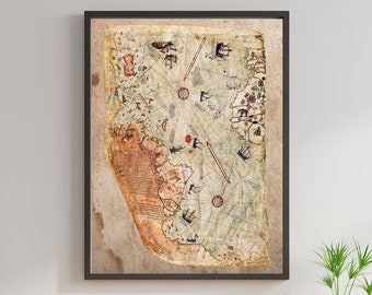 Piri Reis Map Digital Print, Old World Map 1st map to show Americas and Antarctica, Ottoman Empire Map By Piri Reis 1513 Print Poster