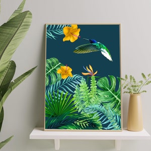 Hummingbird in Tropical Forest Poster - Embrace Nature&#39;s Beauty with Vibrant Colors, Tropical Jungle Hummingbird Wall Art