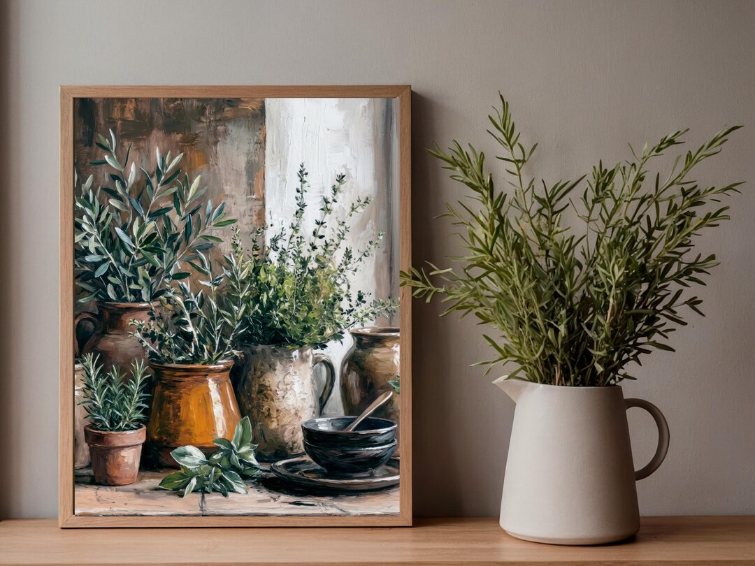 kitchen wall decor art prints - botanical prints -... Kitchen Wall Art Printable – Rustic Herb Still Life, Mediterranean ...