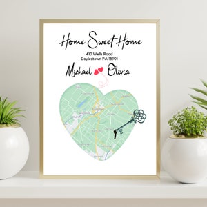 Primer regalo de casa nuevo para la pareja Cartel del corazón en forma de casa Mapa de la ciudad personalizado Imprimir Regalo de aniversario personalizado para él