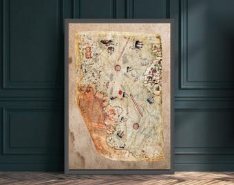 Piri Reis Map Print: 1513 Osmanisches Reich, Amerika & Antarktis, mystisches Wanddekor (Digitaler Download)