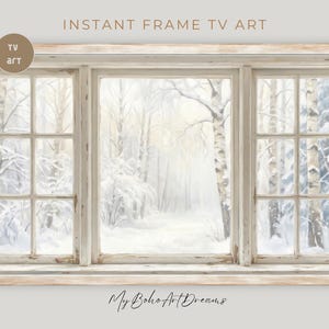 以下が含まれることがあります： 白いフレームの窓から見た冬の風景を描いたデジタルアート。雪に覆われた木々と雪道が描かれています。アートワークには「Instant Frame TV Art」と「My Boho Art Dreams」と書かれています。