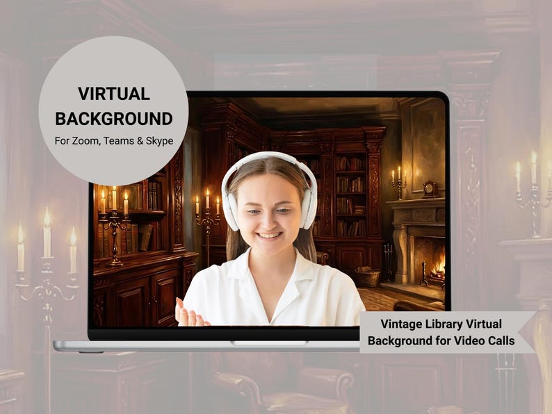 Dark Academia Library Zoom Background, Vintage Bookshelf Virtual ...