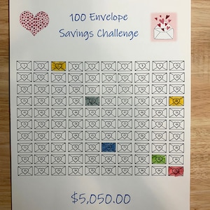 May include: A printable 100 Envelope Savings Challenge chart with a heart at the top and a total savings amount of $5,050.00. The chart is divided into 100 squares, each representing an envelope to be filled with money. The squares are numbered 1 through 100.