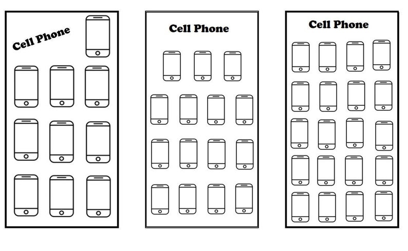 May include: Three white boards with the text "Cell Phone" at the top. Each board has a grid of black outlines of mobile phones.