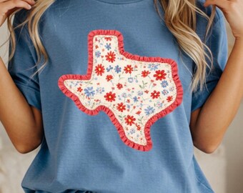Texas Patchwork PNG, Quilted Texas State T-shirt Design, Floral Western Sublimation, Farmhouse Ruffle Edge Applique, Digital Download