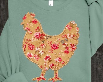 Patchwork Chicken PNG, Floral Animal T-shirt Design, Cottagecore Graphic, Chicken Sublimation, Farm animal Clipart (Digital Download)