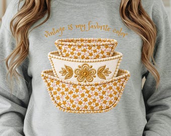 Pacchetto PNG Pyrex vintage, ciotole con applicazioni trapuntate e design di t-shirt con fiori retrò, grafica per cucina in stile cottagecore, sublimazione Grandmillennial