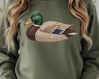 Anatra selvatica con gemme PNG, design per maglietta con anatra con strass, grafica di uccelli acquatici, sublimazione per la caccia alle anatre, clipart di fauna selvatica di campagna, download