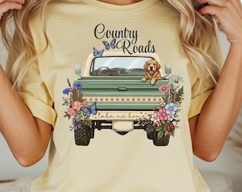 Country Roads Take Me Home PNG, Vintage Truck T-shirt Design, Western Floral Truck Graphic, Rustic Country Sublimation, Digital Download