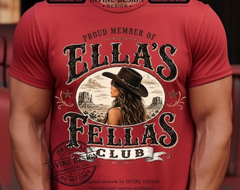 Ella’s Fellas Club PNG, design per maglietta western da ragazza di campagna, download PNG da cowgirl, grafica western vintage, sublimazione di musica country retrò