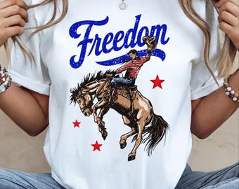 Freedom Cowboy PNG, Patriotic Western T-shirt Design, Rodeo Cowboy Graphiv, Bucking Horse Graphic, Americana Sublimation, Digital Download