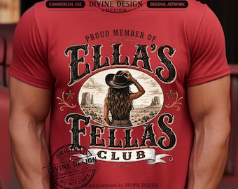 Ella’s Fellas Club PNG, design per maglietta western da ragazza di campagna, download PNG da cowgirl, grafica western vintage, sublimazione di musica country retrò