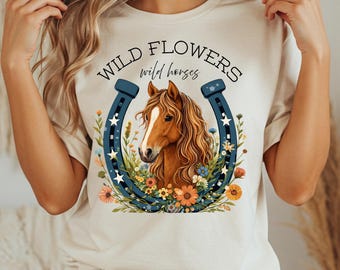 Wildflowers Wild Horses PNG, Western Horse T-shirt Design, Cowgirl Floral Horseshoe Graphic, Country Western Sublimation, Digital Download