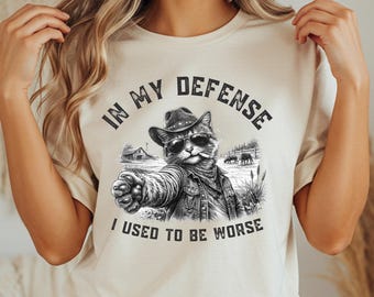 Funny Cowboy Cat PNG, In My Defense T-shirt Design, Sarcastic Western Cat Graphic, Vintage Farm Humor Sublimation, Digital Download
