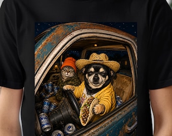 Chihuahua divertente PNG, Gatto e cane camion grafica, Design maglietta Taco Dog, Maglietta umorismo country, Sublimazione pickup vintage, Download