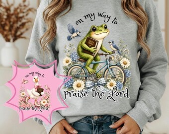 Pacchetto PNG "Sulla mia strada per lodare il Signore", disegni per magliette cristiane con rana e oca, grafica divertente per magliette a tema fede, sublimazione biblica, download
