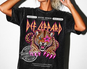 Def Leppard PNG, design per maglietta di una band rock anni '80, grafica vintage glam per concerti, sublimazione leopardata al neon, download digitale di musica rock