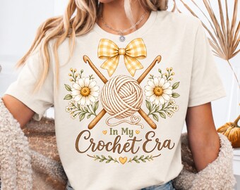 Nella mia era dell'uncinetto PNG, design floreale per maglietta, grafica gomitolo di lana e uncinetto, sublimazione per hobby della nonna, download digitale in stile cottagecore