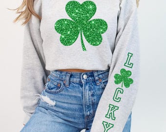 PNG del Día de San Patricio, diseño de camiseta con trébol brillante, gráfico de manga con trébol de la suerte, sublimación con purpurina, descarga digital de imágenes prediseñadas festivas