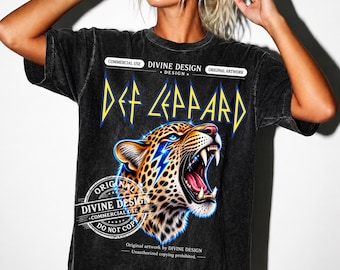 Def Leppard PNG, design per maglietta di una band rock anni '80, grafica vintage glam per concerti, sublimazione leopardata al neon, download digitale di musica rock