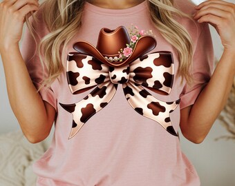 Cowgirl Bow PNG, Western Cow Print Bow T-shirt Design, Cute Cowboy Hat Graphic, Southern Mama Sublimation, Digital Download
