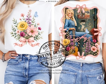 Cantante country western PNG, design vintage per t-shirt di Dolly Parton, sublimazione boho, musica country, clipart di farfalla (download digitale)