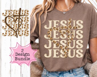 Pacchetto PNG di Gesù, design per maglietta cristiana, grafica con stampa leopardata di un cervo, stampa a sublimazione con pittura spessa a tema fede, download digitale boho di tendenza