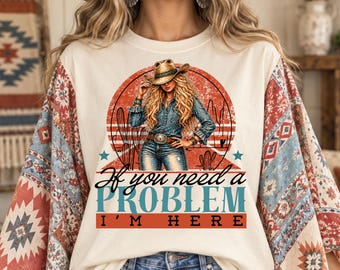 Se hai bisogno di un problema, sono qui PNG, design per maglietta country western, grafica rodeo rustica, sublimazione ragazza cavallo sfacciata, download digitale