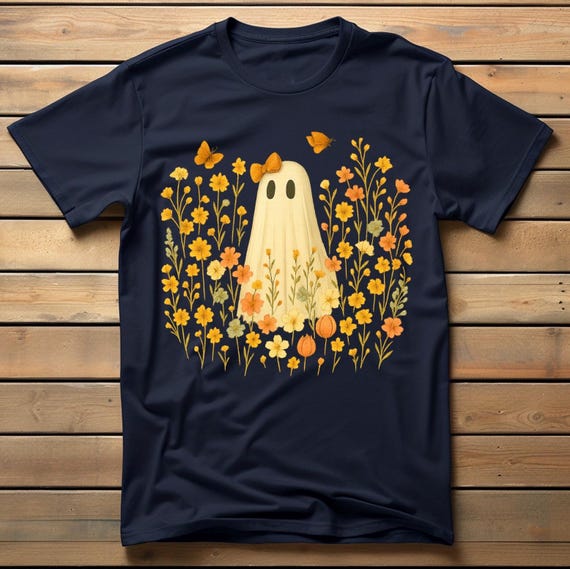 Floral Ghost T-Shirt PNG - Halloween Tee with Butterfly & Flower Design