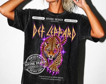 Def Leppard PNG, design per maglietta di una band rock anni '80, grafica vintage glam per concerti, sublimazione leopardata al neon, download digitale di musica rock