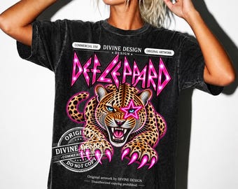 Def Leppard PNG, design per maglietta di una band rock anni '80, grafica vintage glam per concerti, sublimazione leopardata al neon, download digitale di musica rock