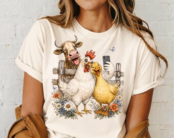 Selfie di animali da fattoria PNG, design divertente per maglietta con mucca, pollo e anatra, simpatici amici della fattoria per sublimazione, grafica country in stile fattoria, download digitale
