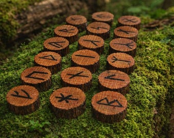 Oak Armanen Futhark Runes – Hand‑Painted & Burn‑Etched Divination Set