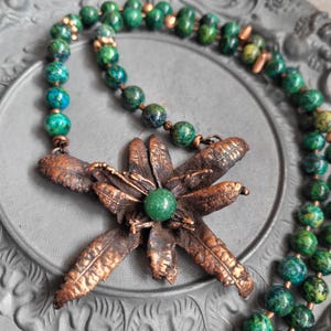 Chrysocolla Beaded Necklace with Electroformed Copper Pear Pendant