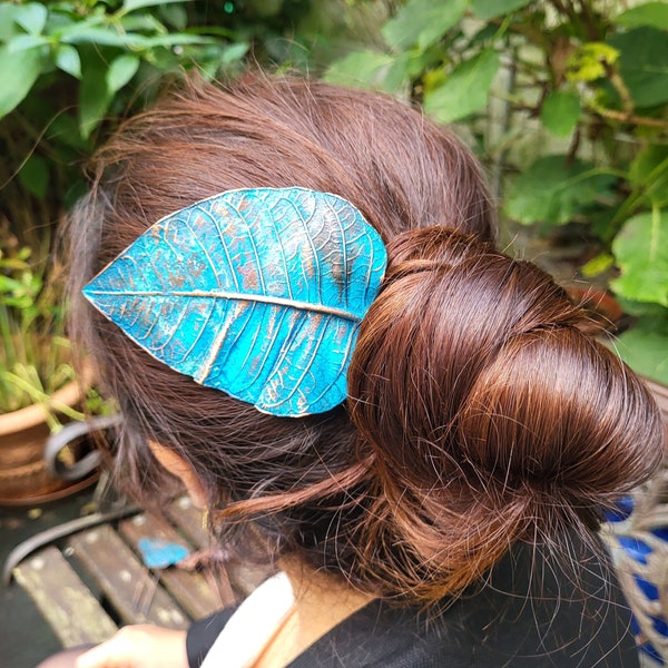 Haarnadel Blatt aus Kupfer, hellblau Haarschmuck, Elektroforming-Technik, Deko Schmuck für lange Haare, Kanzashi, Geschenk für sie