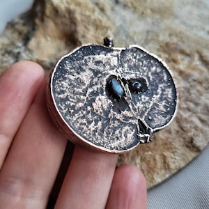 May include: A bronze-colored pendant in the shape of a cross-section of an apple. The pendant has a textured surface with dark accents and two small, dark blue stones. The pendant is held in a hand.
