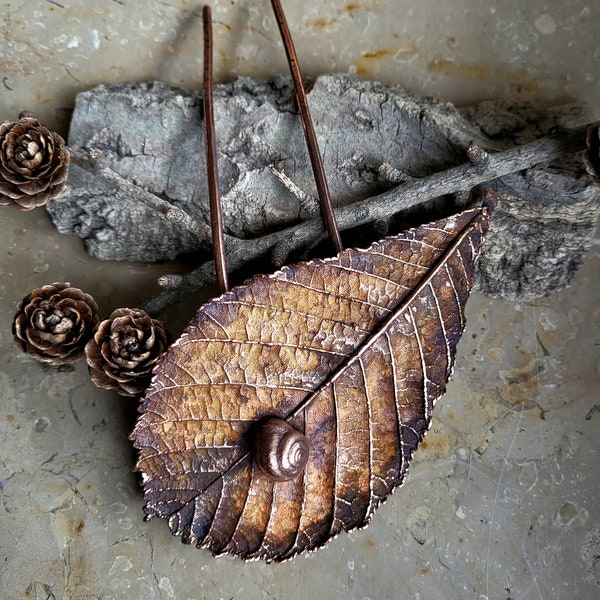 Haarnadel Blatt aus Kupfer,  Elektroforming-Technik , botanischer Haarschmuck, Fee, verkupfertes Blatt, Kanzashi, Geschenk für sie