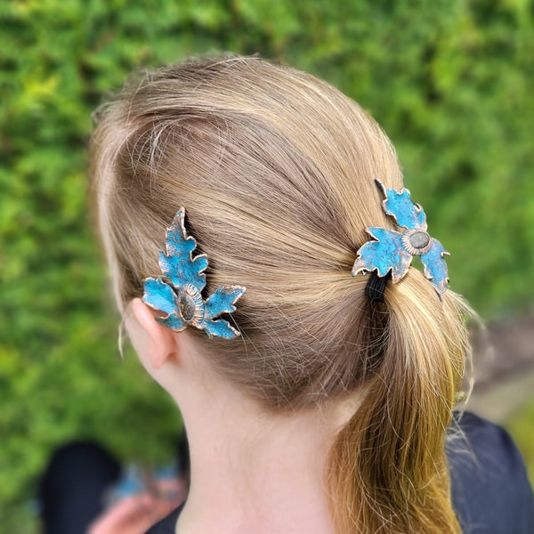 Haarspange aus Kupfer, Haarklemme, Geschenk für sie, Elektroforming, Blaue Haardeko, Haarschmuck Blätter, botanischer Schmuck