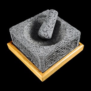 Square Molcajete with Wooden Base 8 Inches