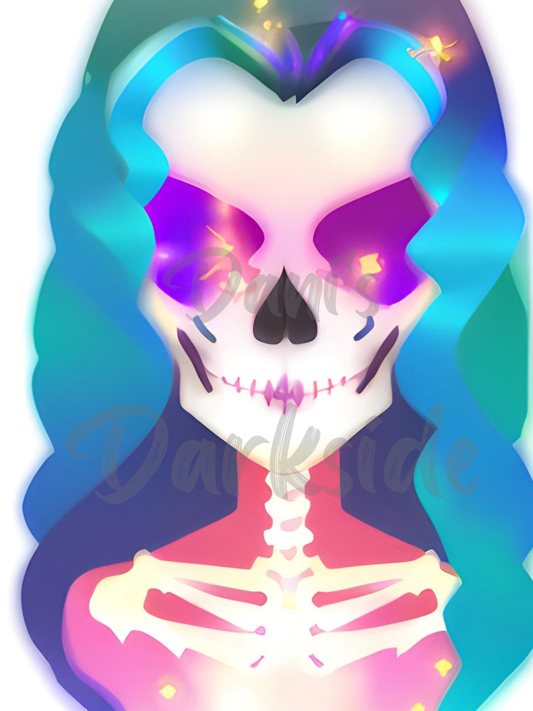Pastel Skeleton Woman Portrait Art Colorful Cosmic Hair Ombre Etsy