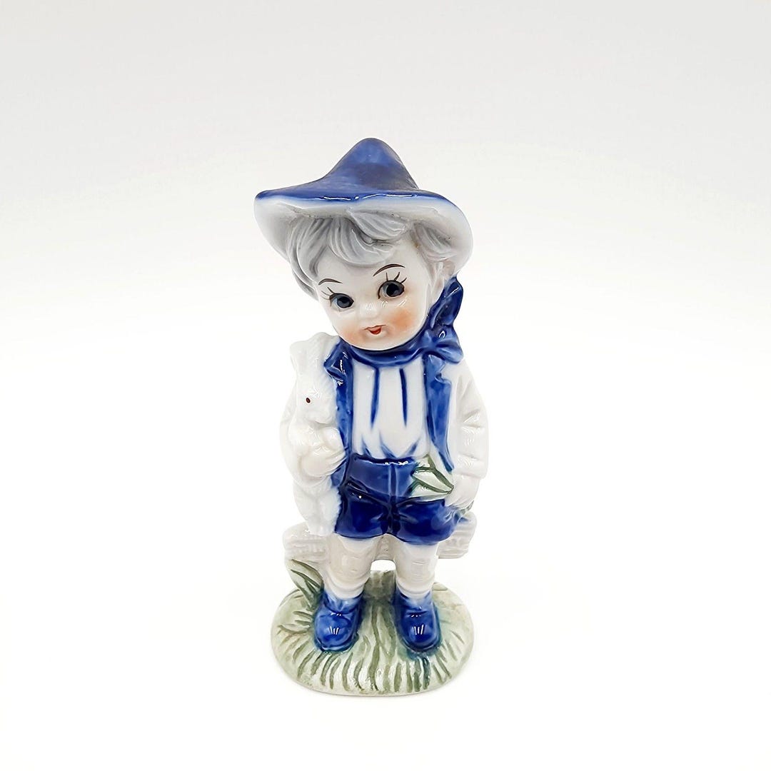 Delf Blue Rabbit Delft Blue Boy With A White Rabbit Porcelain Figure Figurine - Etsy