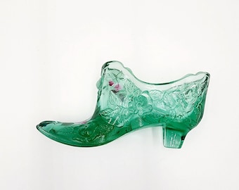 Fenton 1990 Green Glass Cabbage Rose Shoe Boot Hand Painted Violets Signed