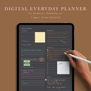 May include: Digital everyday planner on a tablet with a dark gray background. The planner includes sections for schedule, priorities, checklist, and notes. Text includes "Digital Everyday Planner" and "Take it easy."